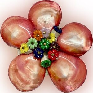 MIRIAM HASKELL WWII Era 1940s Coral Pearlized Seashell Flower Wood Beaded Brooch